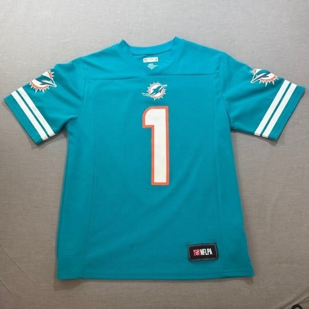 Miami Dolphins NFL Number 1 Tagovailoa NFLPA Jersey XL Blue Short Sleeve